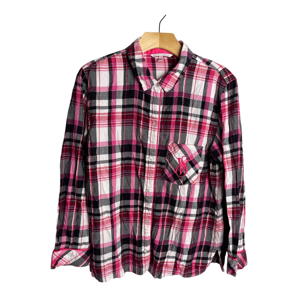 Victoria's Secret Plaid Button Front Pink Flannel Shirt PJ Top Women's Small